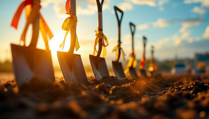 Ceremonial shovels in soil at groundbreaking ceremony symbolizing a new project start.

