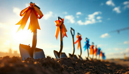 Ceremonial shovels in soil at groundbreaking ceremony symbolizing a new project start.

