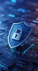 Secure Tech: Shield & Lock on Circuit Board - Cyber Security, Data Protection, Digital Safety, & AI Security Concept