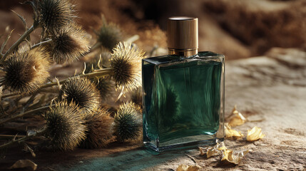 A moody macro shot of a botanical fragrance bottle with emerald green glass and matte bronze cap, nestled among dried thistles and sun-faded petals on a textured desert floor. Background is dreamy a