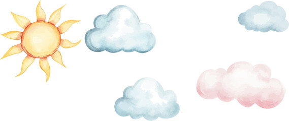 Watercolor sun and clouds clip art set, isolated on white background