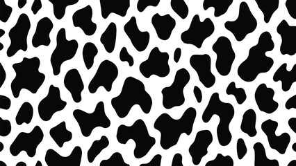 Vector cow print pattern background. Black irregular patches on white backdrop. Abstract cows skin texture illustration. Hand drawn design. Farm animal print