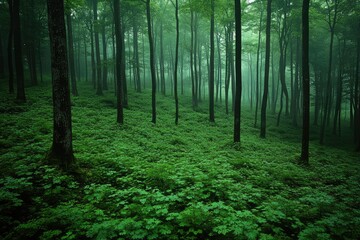 Fototapeta premium A dense green forest filled with tall trees and leafy undergrowth
