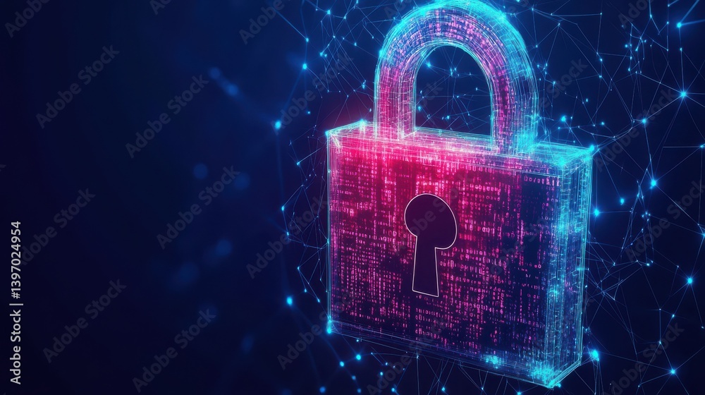 Poster a connected polygon light highlights cybersecurity's role in data protection, set against a dark blu