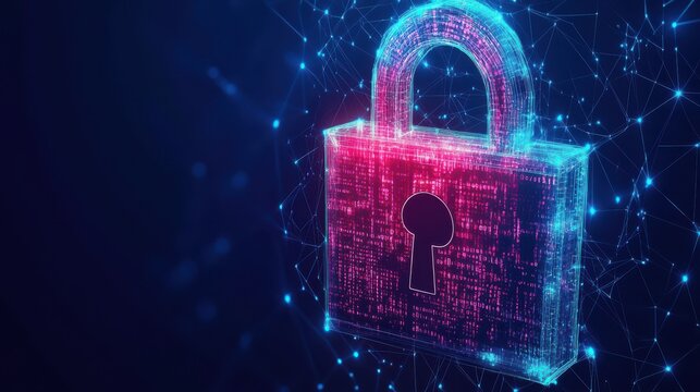 A connected polygon light highlights cybersecurity's role in data protection, set against a dark blue background with binary code. illustration