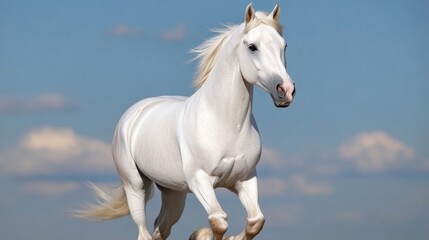 Majestic white horse in full stride against a clear blue sky.  A powerful and elegant animal, showcasing its muscular build and flowing mane and tail