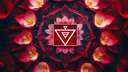 7 Chakras A centered composition showcasing the Root Chakra symbol with a square and inverted triangle, surrounded by an intricate mandala of lotus petals (9)