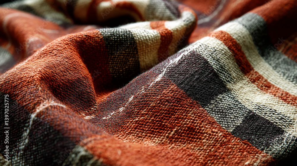 Poster close-up of textured fabric with brown, beige, and gray stripes, creating a warm and rustic appearan