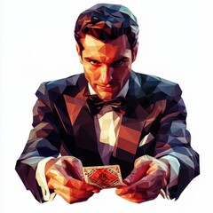 A sophisticated low-poly magician, dressed in a tuxedo, intently presents an ace of diamonds playing card with a mysterious and captivating expression in a dramatic low poly