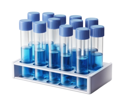 Laboratory experiment tubes with blue liquid science lab isolated on transparent background, png