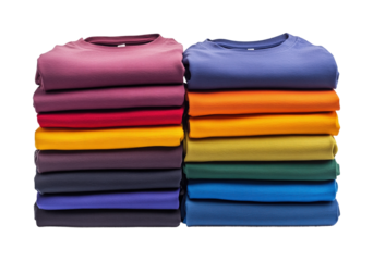 Retail store's colorful stacked t-shirt showcase isolated on transparent background, png