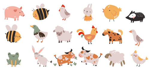 Cute farm animals cow and sheep, rooster funny characters. Educational children illustration for books, journals. Farmyard barn still village life.
