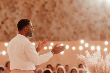 Engaging speaker captivates audience with heartfelt gestures und