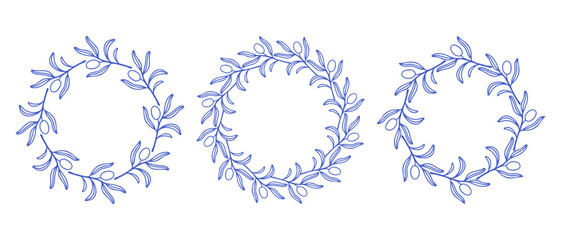 Mediterranean blue olive branches circle frame set. Hand drawn round line border, leaves and flowers, wedding invitation and cards, logo design and posters template. Elegant minimal style floral set