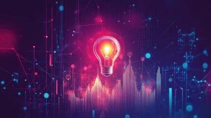 A flat design illustration of a glowing light bulb positioned above a rising graph with upward trends, symbolizing the connection between innovative ideas and business growth. illustration