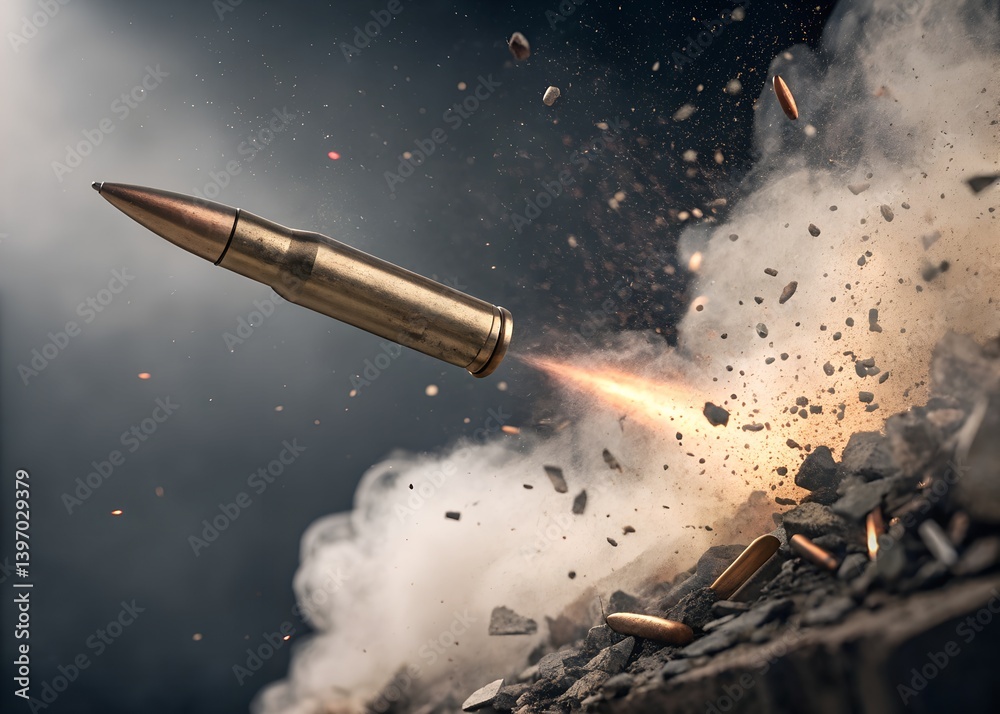 Poster a dynamic close-up of a bullet in motion, surrounded by explosive smoke and debris, symbolizing powe