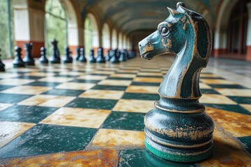 A detailed image of a chess knight piece in perspective