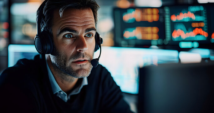 Financial broker, man and headset by computer for customer service, trading investment or market insight. Call center, stocks advisor and client query for finance news, deal negotiation or assistance - Powered by Adobe