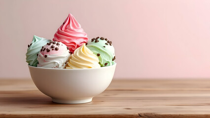 Colorful Ice Cream Scoops in a Bowl with Chocolate Chips on Wooden Table