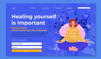 Mental health medical treatment. Mentality healthcare. Support, help with mental problem. Vector flat illustration for banner, poster, landing. Woman meditating