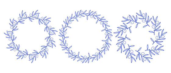 Mediterranean blue olive branches circle frame set. Hand drawn round line border, leaves and flowers, wedding invitation and cards, logo design and posters template. Elegant minimal style floral set