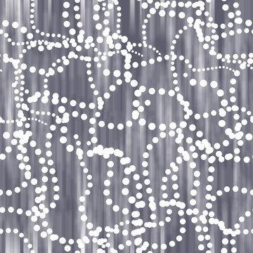Chaotic wavy thread line of dots on grey background abstract seamless pattern. Black and white psychedelic background for interior decor, wallpaper, wall panel, textile, poster, web banner. 