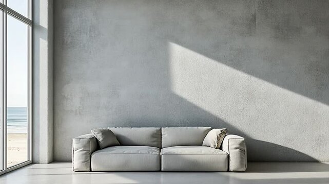 Modern light beige sofa against a textured gray wall in a minimalist room with an ocean view.