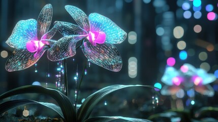 Fototapeta premium Futuristic robotic orchids blooming in a metallic garden, their petals made of shimmering, iridescent materials, glowing with LED lights in a high-tech, cyberpunk environment illustration