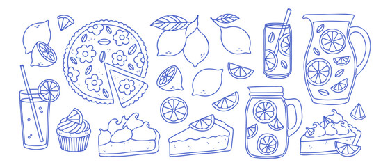 Hand drawn lemon set in line art style. Mediterranean blue lemon collection. Amalfi doodle drawing for t-shirt print, invitation, card, menu design. Italian Dolce vita summer element. 