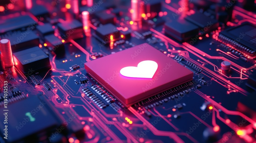 Poster social media technology concept with like symbol on a microchip. white neon data flows between the c