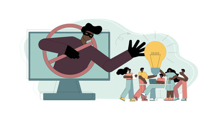 Theft and plagiarism, copying ideas, thoughts. A man, a swindler, a deceiver reaches out to someone else's idea, a light bulb