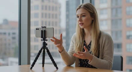 Young Woman Recording a Video Blog or Vlog on Her Smartphone Using a Tripod in a Modern Office