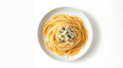 Spaghetti di Atas Piring Putih dengan Taburan Keju dan Oregano