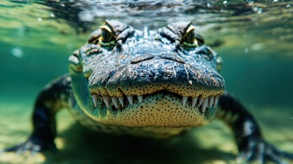 Fototapeta premium Close-up of a crocodile swimming underwater with sharp teeth visible.