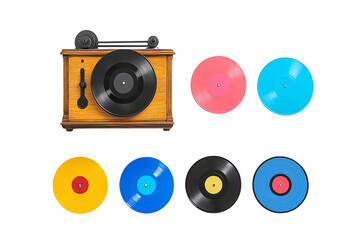 A vintage record player with colorful vinyl records displayed around it.