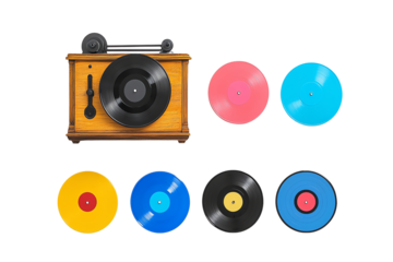 A vintage record player with colorful vinyl records displayed around it.