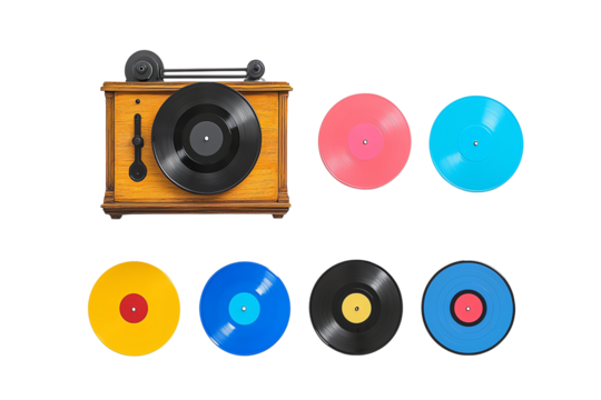 A vintage record player with colorful vinyl records displayed around it.