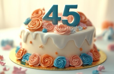 Festive 45th birthday cake with roses, celebration