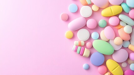 Colorful assortment of candies and sweets on pastel pink background