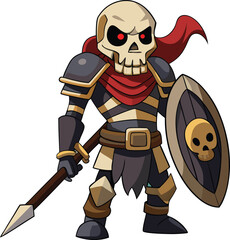 Skeleton in armor with sword and shield. Creepy undead fighter in flat vector style for fantasy and horror games.