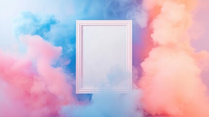 A white picture frame floating in the air, surrounded by pink and blue smoke, against a pastel background with dreamy clouds, creating a cute and whimsical scene.