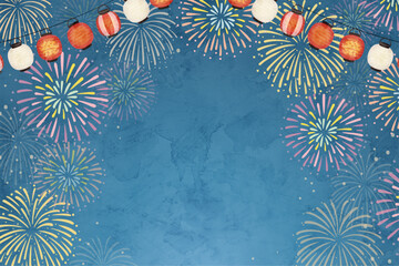 花火と提灯の水彩風背景イラスト