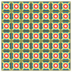 A vibrant geometric pattern featuring repeating squares with red and white circles, surrounded by yellow and blue elements, It could be used as a wallpaper, fabric design, or other decorative elements