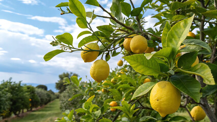 Lemon garden in Italian Amalfi coast ready for harvest. Bunches of fresh yellow ripe lemons with green leaves