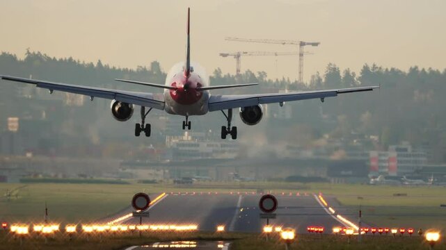 Large, commercial passenger airplane landing on an illuminated airport runway. Ground level, rear of the plane point of view, touchdown and taxi, real time, super-telephoto, early morning light, no pe
