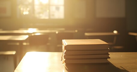 Stack of books on a desk in a classroom with sunlight.