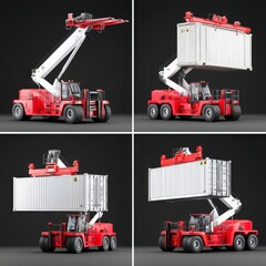 Red Container Forklift Lifting Cargo in Industrial Warehouse Setting