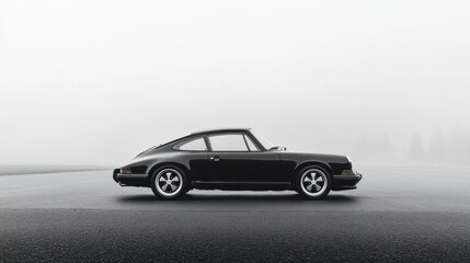 Fototapeta premium A black and white photograph of a classic car parked on a grassy field in foggy conditions. The car is the main focus, and the foggy background creates a sense of mystery and timelessness.