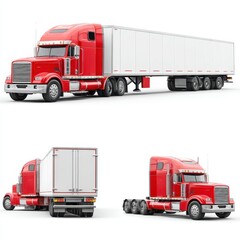 Red Freight Truck with Trailer in Multiple Angles and Views