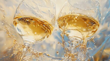 A painting of three wine glasses filled with white wine, with splashes of liquid around the glasses. The artwork is done in a loose, expressive style with a mix of blue, gold, and white colors.